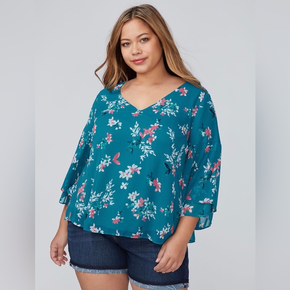 LB Top Teal with Floral Print Flutter 3/4 Sleeve v-Neck Lined 14/16